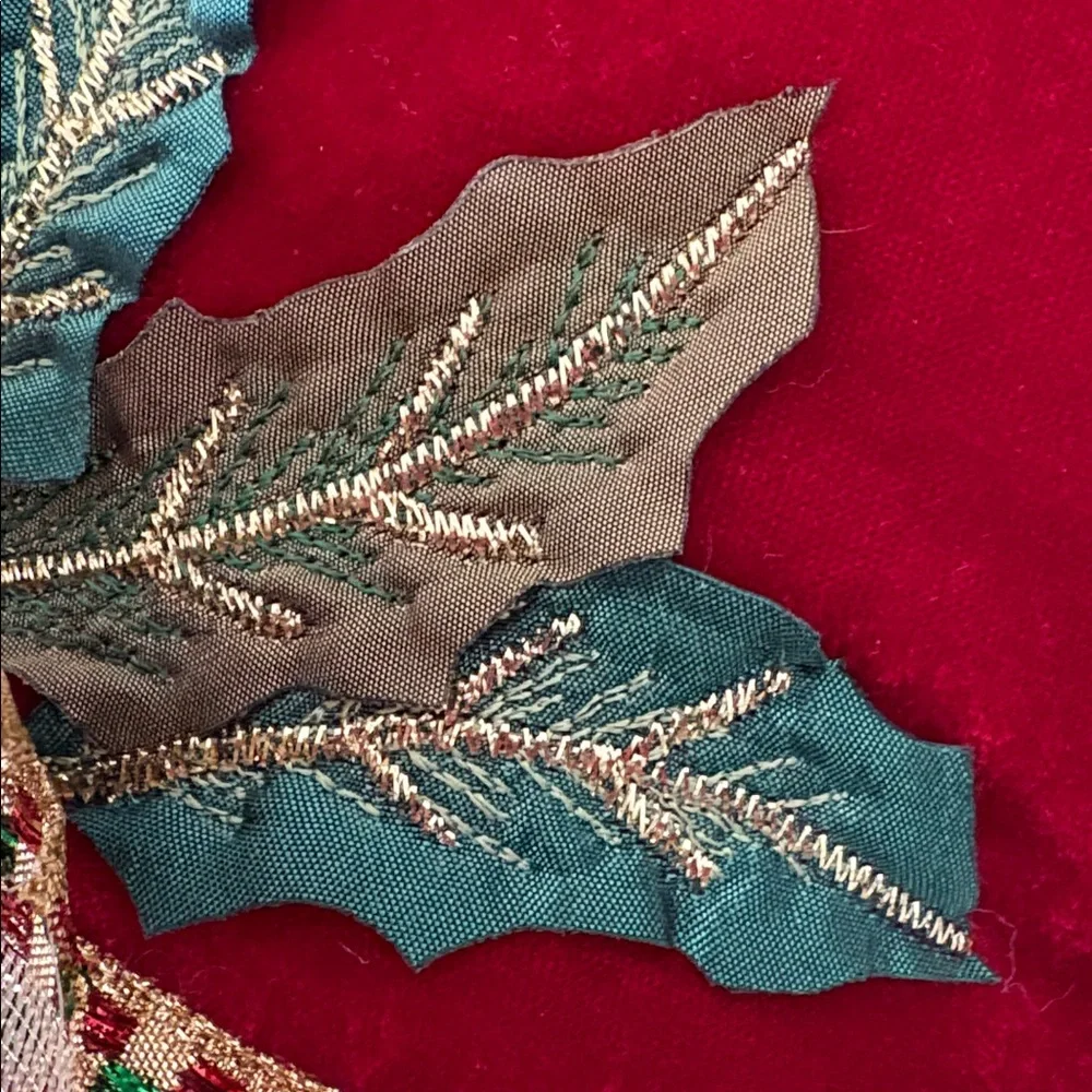 Home Collection Red Velvet Holiday Pillow with Gold Bow and Green Leaves 11”x12”